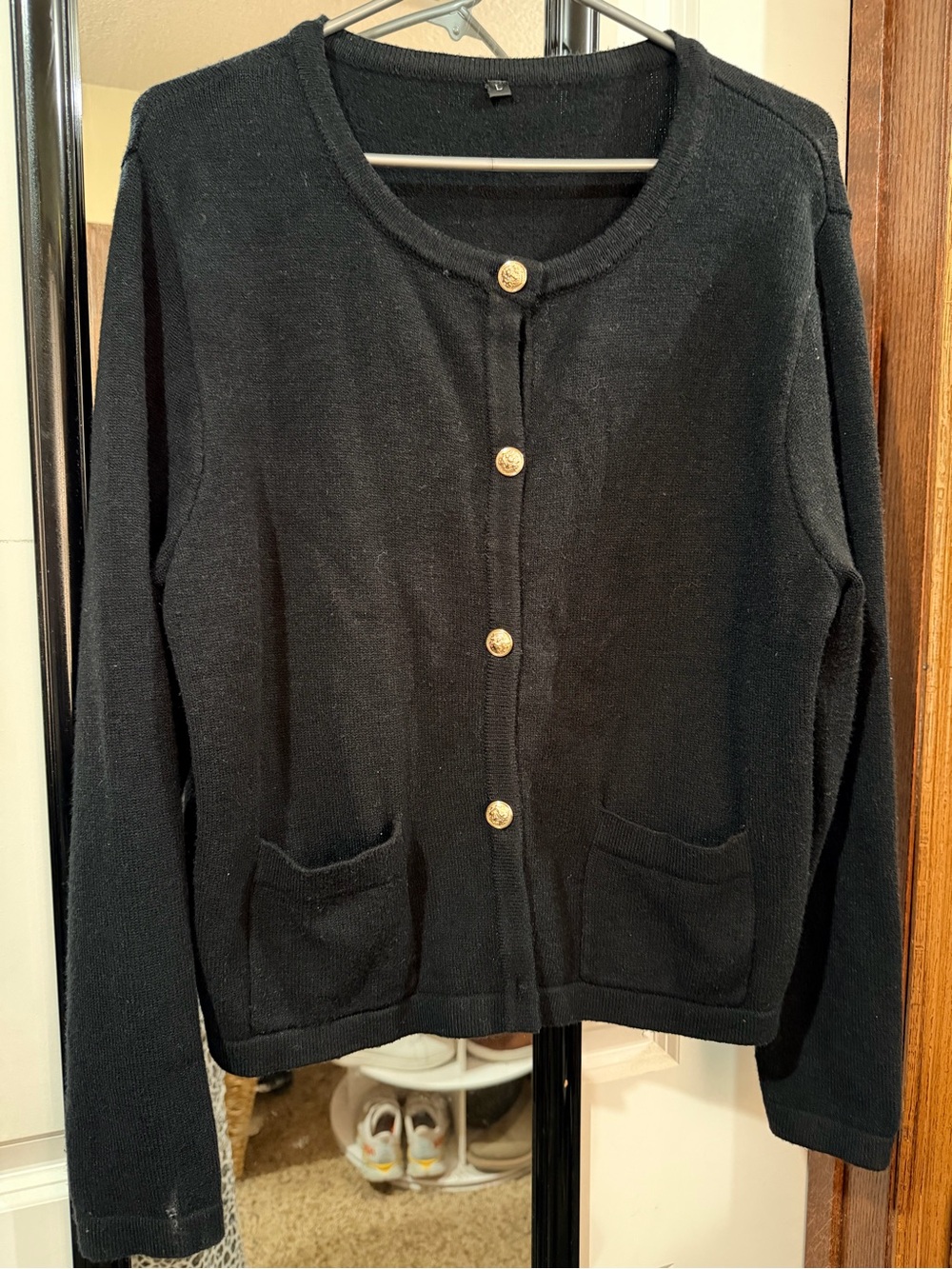 Classic Black Button-Front Cardigan with Gold Buttons